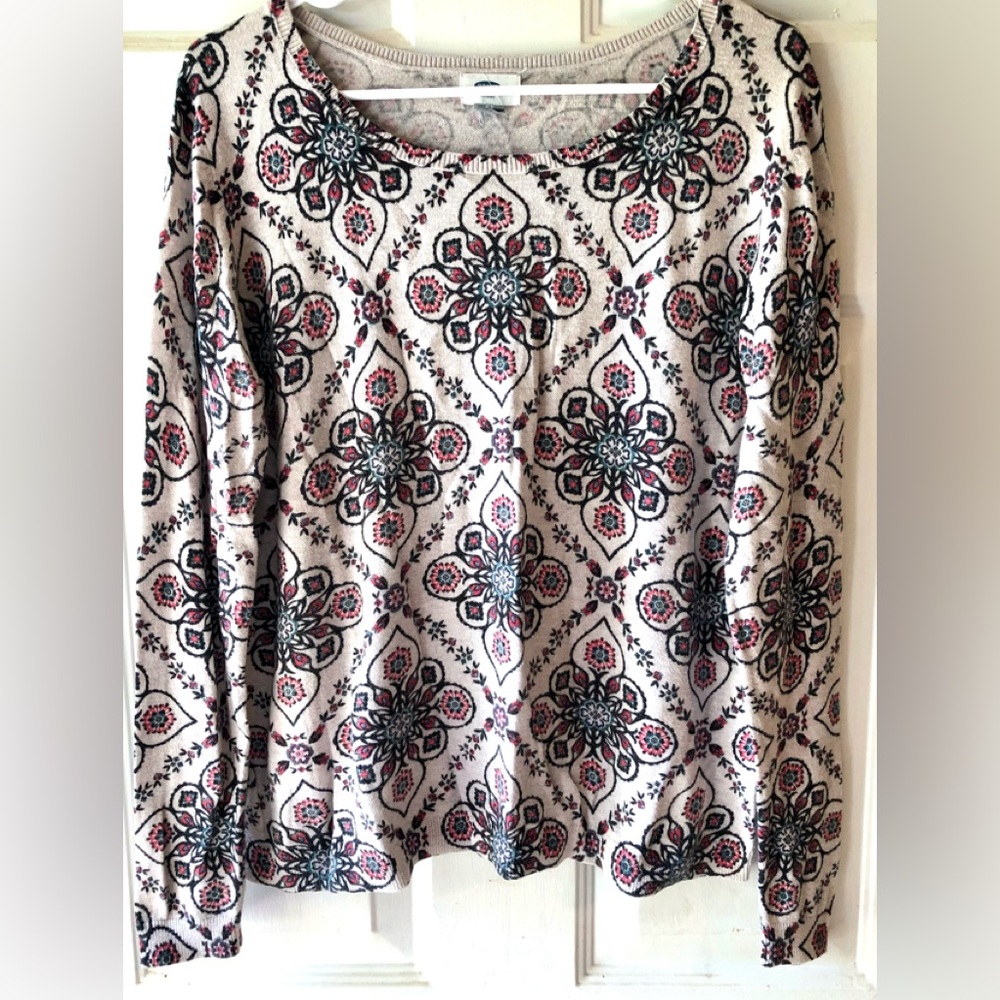 Old Navy Gray Blue Red Bohemian Print 100% Cotton Crew Neck Pullover Sweater XL